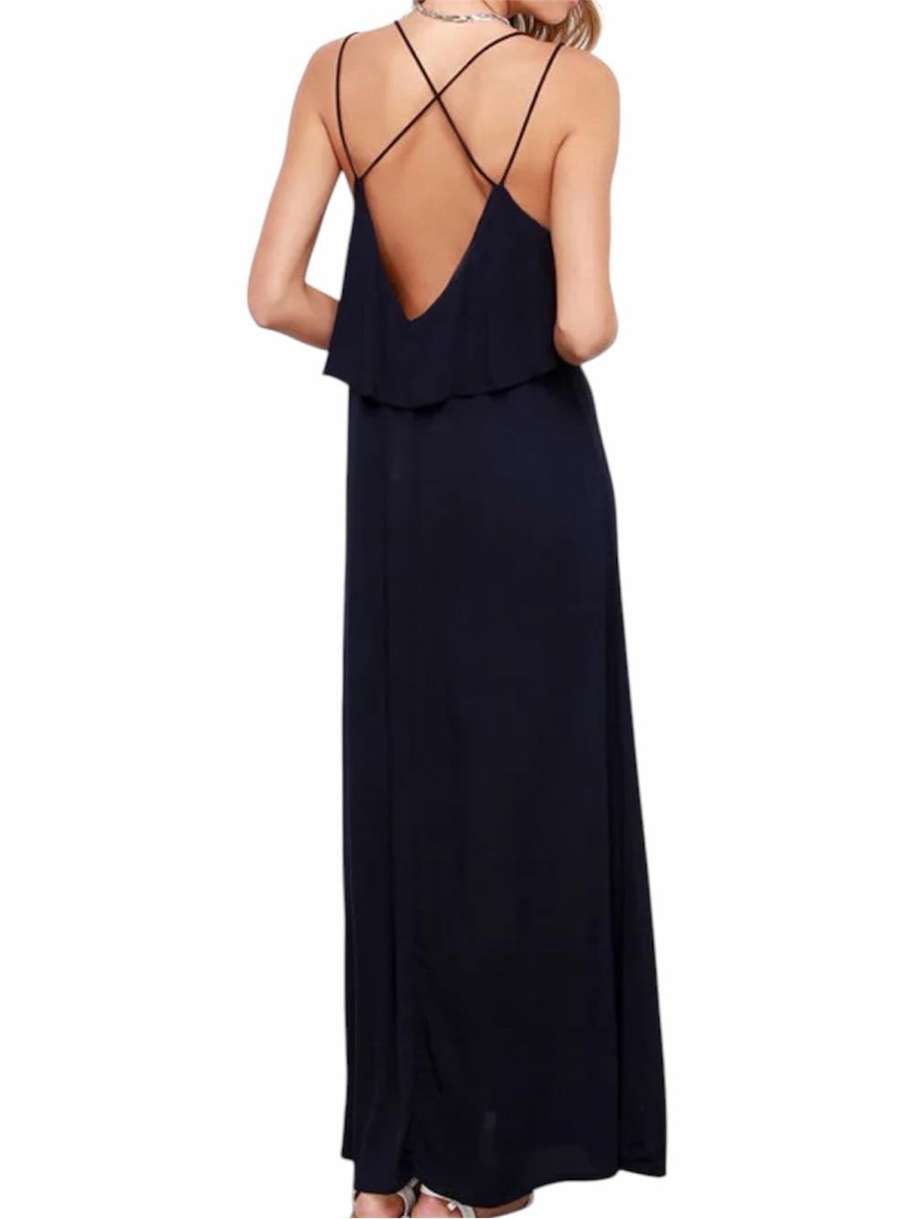 PINK MARTINI Navy Blue Flutter Trim Cross Back Strappy Lined Maxi Dress XS